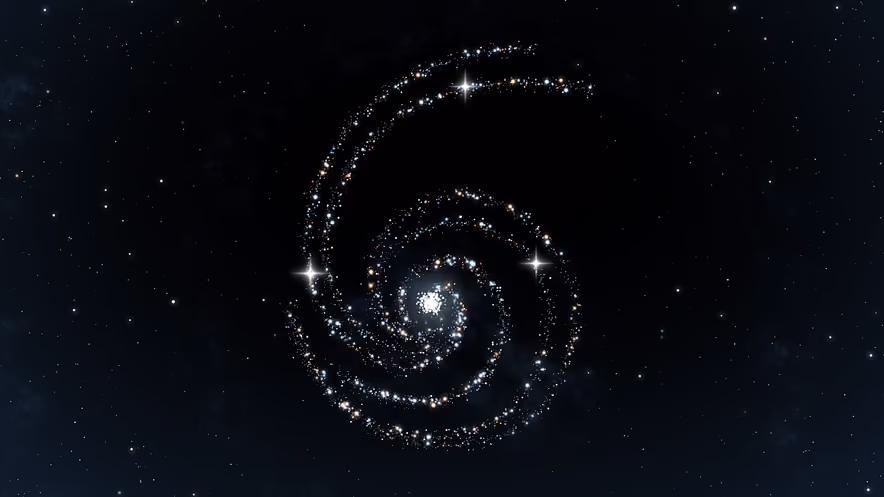 A face-on spiral galaxy on a black background, its arms traced by hundreds of white, blue, and orange points of light, with a few brighter stars twinkling.