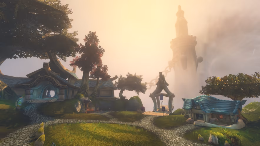 An elven village with blue roofs and curved beams, set on a lawn crossed by cobbled paths, under a golden sky thick with haze. In the background, a chained stone tower floats above the clouds.