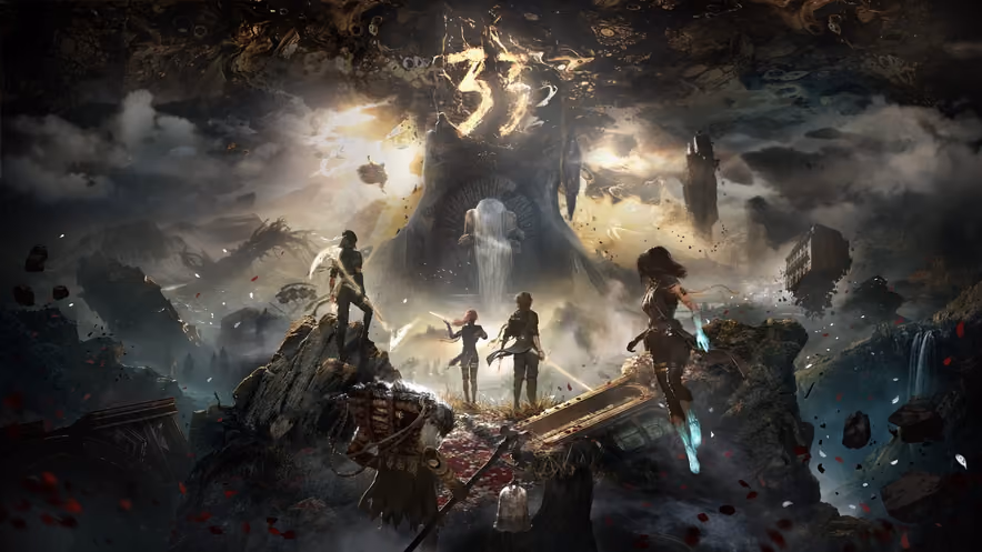 On a rocky outcrop, four armed figures seen from behind look out at a stone colossus crowned by a burning 33, in a misty landscape strewn with floating ruins and red petals.