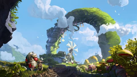 In a lush, sunlit landscape, an armored knight gazes at a huge moss-covered stone arch spanning a small farm and its windmill, surrounded by giant exotic plants.