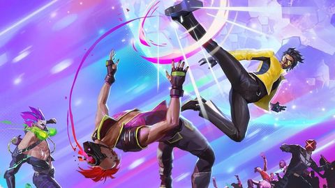 Three fighters mid-motion against a wall of purple and pink neon streaked with light trails. At the center, a red-haired woman in headphones balances through a breakdance flare, while a man in a yellow vest and tinted glasses swings a spinning kick at her, and a third character with a purple mohawk watches from the left.