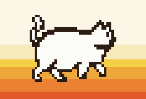A plump white pixel-art cat walking in profile across a sunset gradient of orange bands.