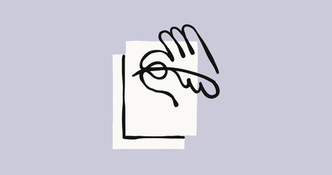 Black line drawing on a mauve background, a hand holding a quill pen laid across two overlapping sheets of white paper.