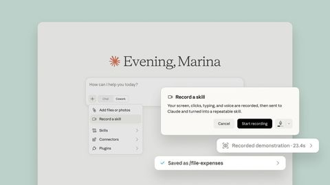 Mockup of the Claude app on a pale green background, where the add menu shows a "Record a skill" entry and a dialog explains that screen, clicks, typing, and voice will be recorded and turned into a repeatable skill, with two chips reading "Recorded demonstration 23.4s" and "Saved as /file-expenses."