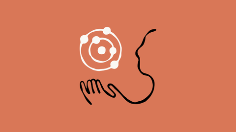 Line-art illustration on a terracotta background, a stylized profile of a face reaching a hand toward a white circular motif that suggests an atom or an orbit.